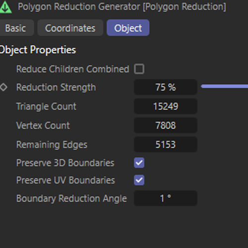Some of the settings I used in C4D for reducing the mesh
